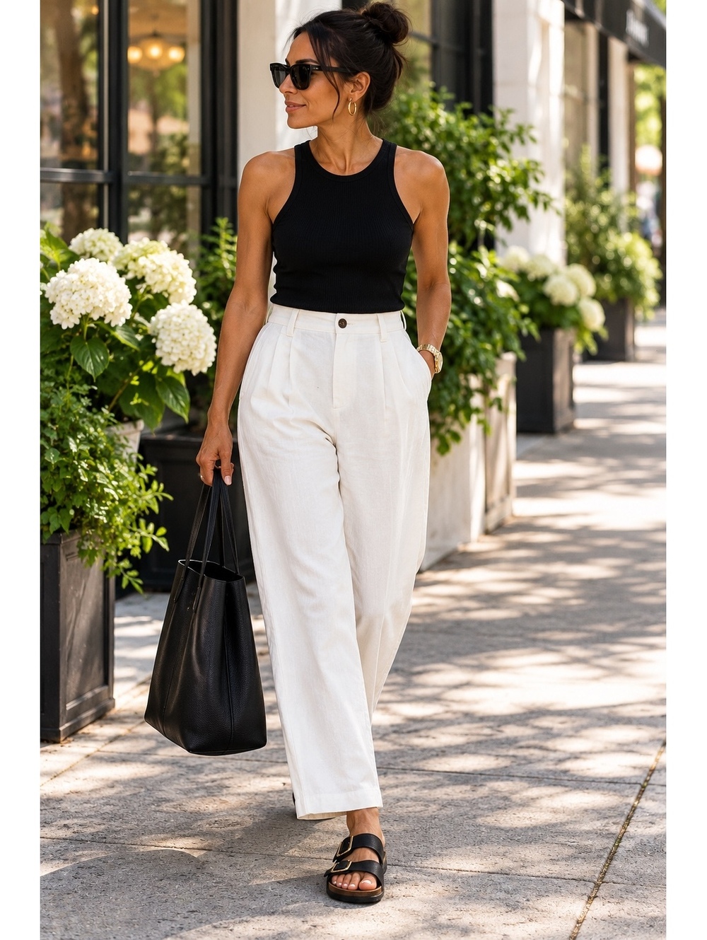 High-Waisted White Wide-Leg Pants with Pleats
